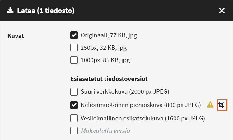 Lataa-ikkunassa on valittu Neliönmuotoinen pienoiskuva (800 px JPEG) -versio. Sen vieressä näkyvä rajaustyökalun kuvake on korostettu oranssilla kehyksellä.