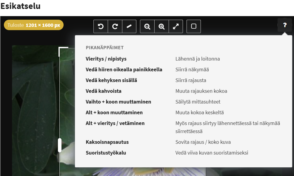 Esikatselu-osiossa on avoinna Pikanäppäimet-ponnahdusikkuna. Siinä luetellaan vieritys- ja vetotoiminnot, mittasuhteiden säilyttäminen Vaihto-näppäimellä, koon muuttaminen Alt-näppäimellä, kaksoisnapsautus ja Suoristustyökalu. Oikean yläkulman kysymysmerkkipainike on aktiivinen.